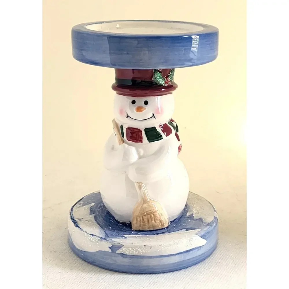 Home Interiors Snowman Pillar Candle Holder Ceramic Christmas Winter Decor 6